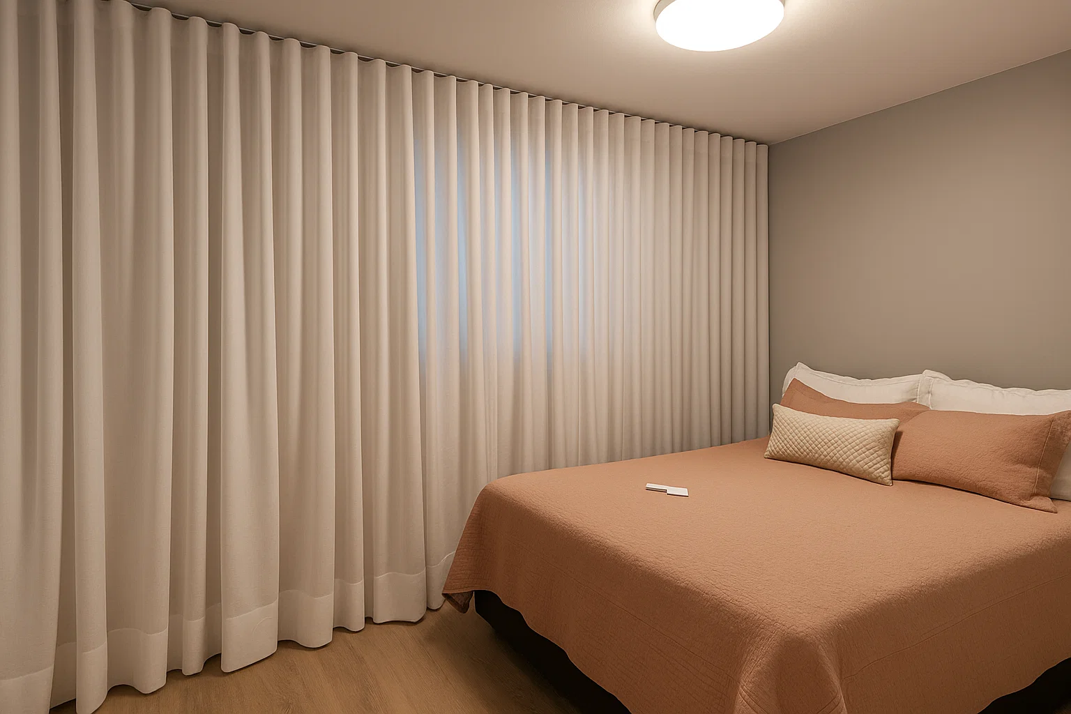Quarto moderno em Campinas com cortinas blackout brancas cobrindo toda a parede e cama de roupa em tom terroso.